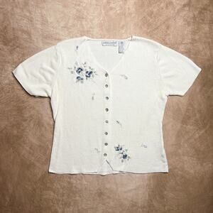 Vintage 90s Carolyn Taylor Floral Cardigan Sweater Top Embroidered White Cottage